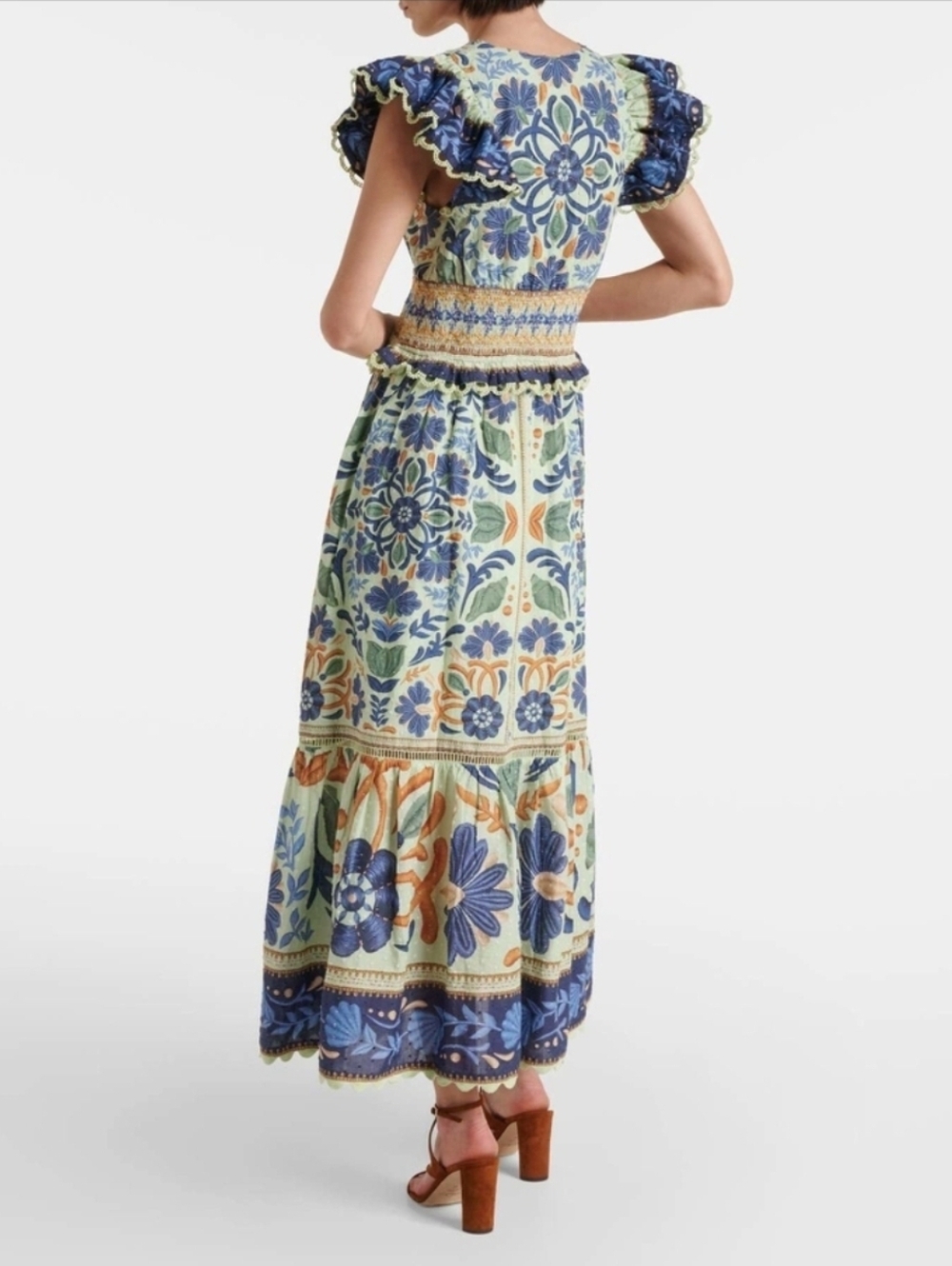 Farm Rio Ocean Tapestry cotton maxi dress XS Floral Bohemian Embroidered Ruffles - Picture 5 of 17